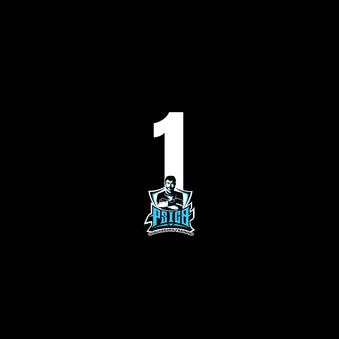 Large white number 1 with a goalkeeper training logo below, on a black background.