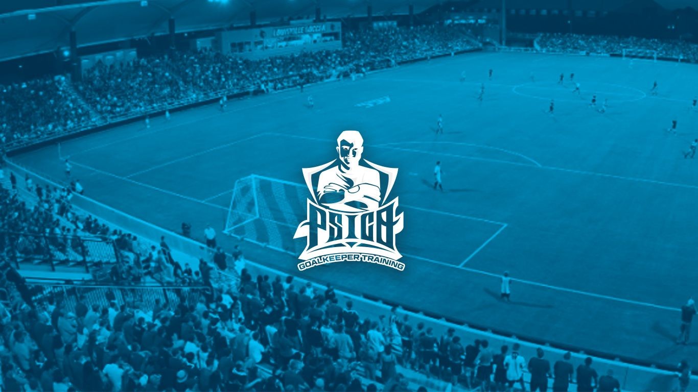 Crowded soccer stadium with a match in progress, featuring a goalkeeper training logo overlay.